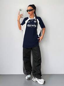 Coolane Women's Summer Streetwear Going Out Round Neck Short Sleeve Blue Jersey T-Shirt - Navy Blue - View 6