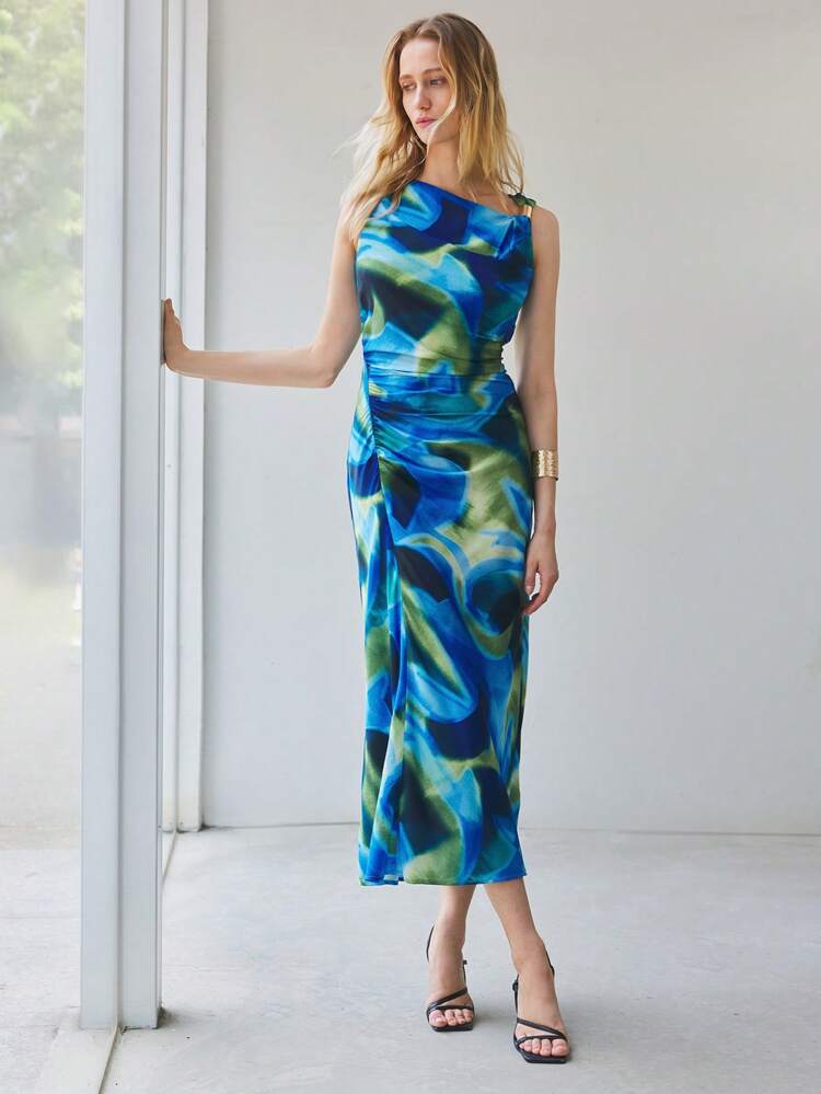 SHEIN Maija Women's Tie-Dye Print Asymmetric Collar Sleeveless Slim Fit Dress