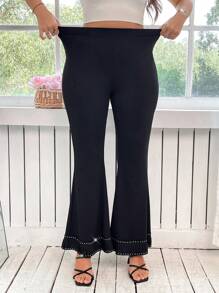 SHEIN Clasi Pantaloni a zampa in maglia nera elasticizzata, eleganti e casual, da donna curvy e formose, con strass luccicanti, pantaloni neri, jeans a zampa, outfit estivi da donna, casual business, per uscire, abiti da ufficio per donne, stile old money, abbigliamento business casual da donna, pantaloni estivi, pantaloni da lavoro