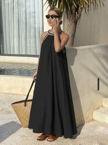 Livesso Women's Sleeveless Ruffle Hem Dress, Casual Loose Vacation Long Dress For Summer Linen