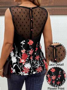 SHEIN Clasi Camiseta sin mangas de talla grande con estampado floral elegante y lunares de malla