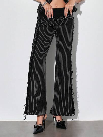 J-Fashion Pantalon évasé à rayures croisées mode femme pour déplacements