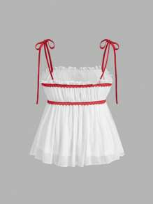 SHEIN MOD Plus Size Summer Red And White Lace Patchwork Bow Accent Ruffle Hem Camisole Top - Red and White - View 2