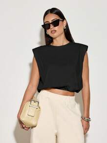 AiiRZ 无袖垫肩 T 恤泡泡下摆短款上衣现代简约基本款夏季休闲街头风格运动休闲时尚必备 - 黑色 - 查看 7