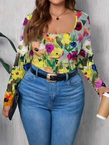 SHEIN LUNE Plus Size Women's Casual Simple Full Print Fitted T-Shirt, Spring & Autumn