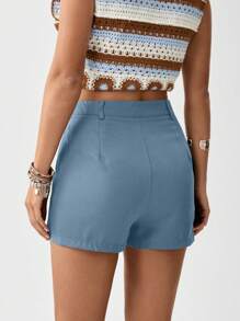 SHEIN LUNE 夏季高腰側翻口袋卡其色短褲 - 霧霾藍 - 查看 3