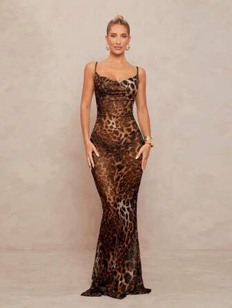 Lumalex Spring Outing Summer Swimsuit Swimwear Swim Vacation Elegant Easter Bohemian BOHO Sea Beach Hot Outdoor Richly Layered Wedding Season Banquet Coming Of Age Ceremony Beach Seaside Women's Satin Asymmetrical Classic Coffee Brown Leopard Print Plunging Neckline Camisole Sheer Mermaid Dress With Back Slit And Tie Waist For Women Women Dresses Birthday