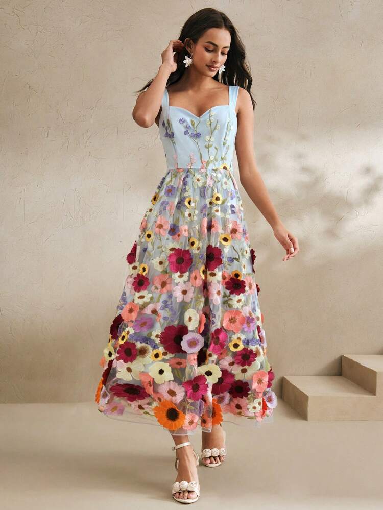 Summer,Beach,Festival,Holiday,Vacation,Elegant Dresses For Women,Flowy Dress,Easter Elegant 3D Floral Embroidered Mid-Length Slip Dress For Women Maxi Women Outfit Spring Outfits For Women Summer Clothes