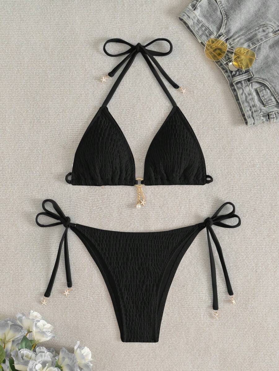 Swim Mod Women Contrasting Color Starfish Decor Swimsuit Set For Summer Beach Vacation - Black - View 1