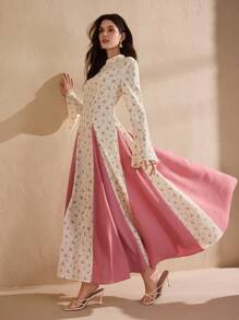 Graceveil Đầm cổ đứng tay loe họa tiết hoa nhỏ nhắn cho nữ màu tương phản thiết kế eo - Màu be - Xem 4