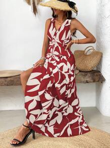 EMERY ROSE Váy không tay cổ chữ V in họa tiết toàn bộ và viền nhún bèo cho trang phục đi biển mùa hè dài - Đỏ - Xem 4