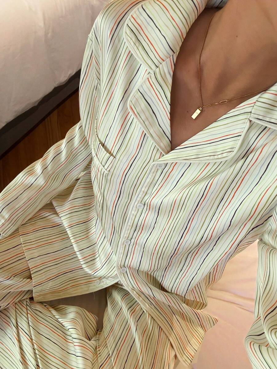 DAZY Stripe Print Satin Loose Striped Shirt & Pants Pajama Set - Yellow - View 1
