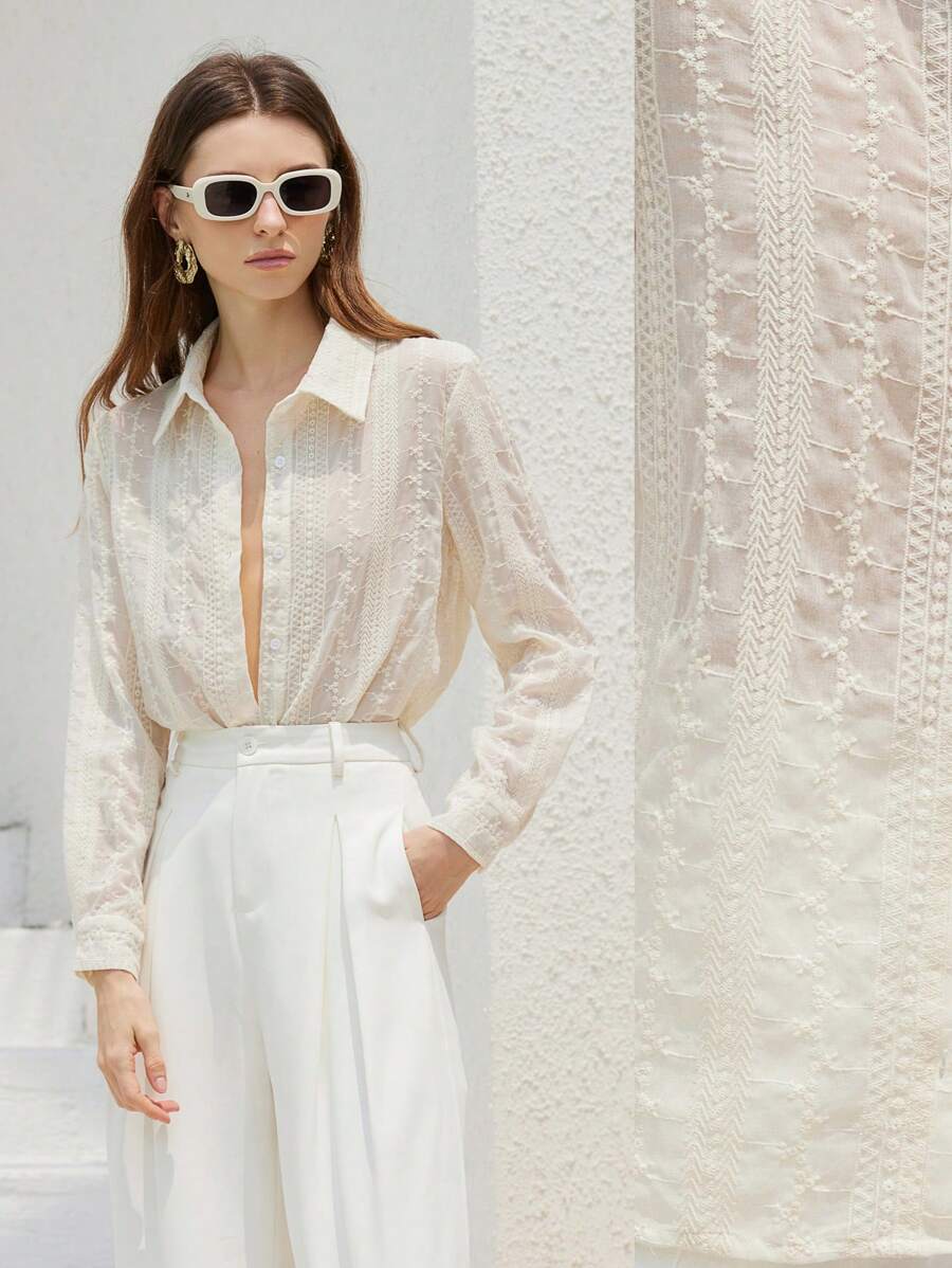 SHEIN Privé Summer New Arrival Heavy Embroidery Special Fabric Minimalist Elegant Turndown Collar Button Front Loose Sheer Long Sleeve Blouse For Women - Cream - View 1