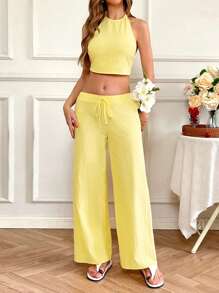 SHEIN VCAY Women Butter Yellow Open Shoulder Loose Vest & High-Waisted Straight Leg Pants 2Pcs Sets,Summer Outfits For Women, Summer Clothes,Festival Outfits For Women - Yellow - View 3