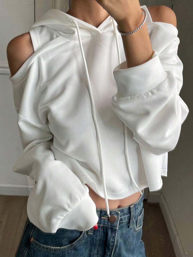 Hollow Out Design Hooded Short Sleeve Sweatshirt For Women,Fall Clothes