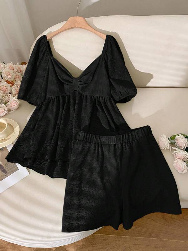 CosyJoli Conjunto de 2 piezas de talla grande con top de manga corta y shorts de unicolor