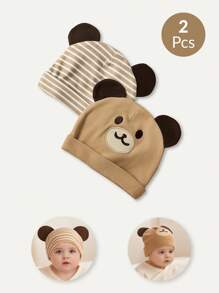 Cozy Pixies 2pcs Set Soft & Comfortable Infant Beanie Hats, Baby Stripe Embroidered Bear Design - Multicolor - View 1