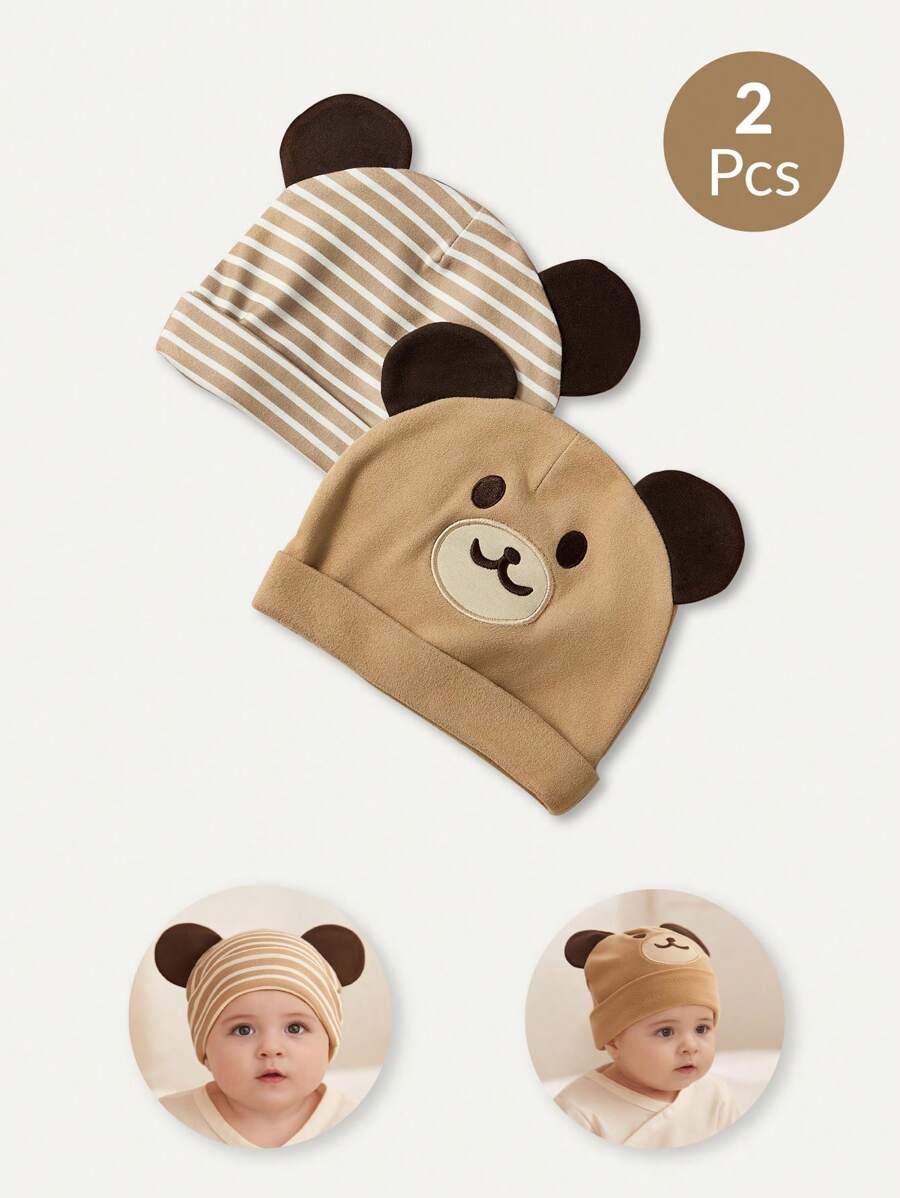 Cozy Pixies 2pcs Set Soft & Comfortable Infant Beanie Hats, Baby Stripe Embroidered Bear Design - Multicolor - View 1