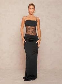 Lumalex Spring Outing Summer Swimsuit Swimwear Swim Vacation Elegant Easter Bohemian BOHO Sea Beach Hot Outdoor Richly Layered Wedding Season Banquet Coming Of Age Ceremony Beach Seaside Women's Satin Asymmetrical Spaghetti Strap Lace Splicing Bodycon Mermaid Dress For Women,Bohemian Clothes - Black - View 1