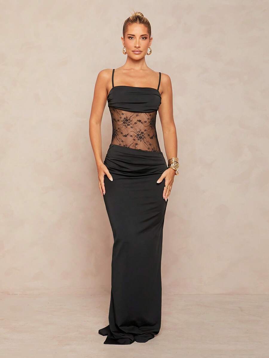 Lumalex Spring Outing Summer Swimsuit Swimwear Swim Vacation Elegant Easter Bohemian BOHO Sea Beach Hot Outdoor Richly Layered Wedding Season Banquet Coming Of Age Ceremony Beach Seaside Women's Satin Asymmetrical Spaghetti Strap Lace Splicing Bodycon Mermaid Dress For Women,Bohemian Clothes - Black - View 1