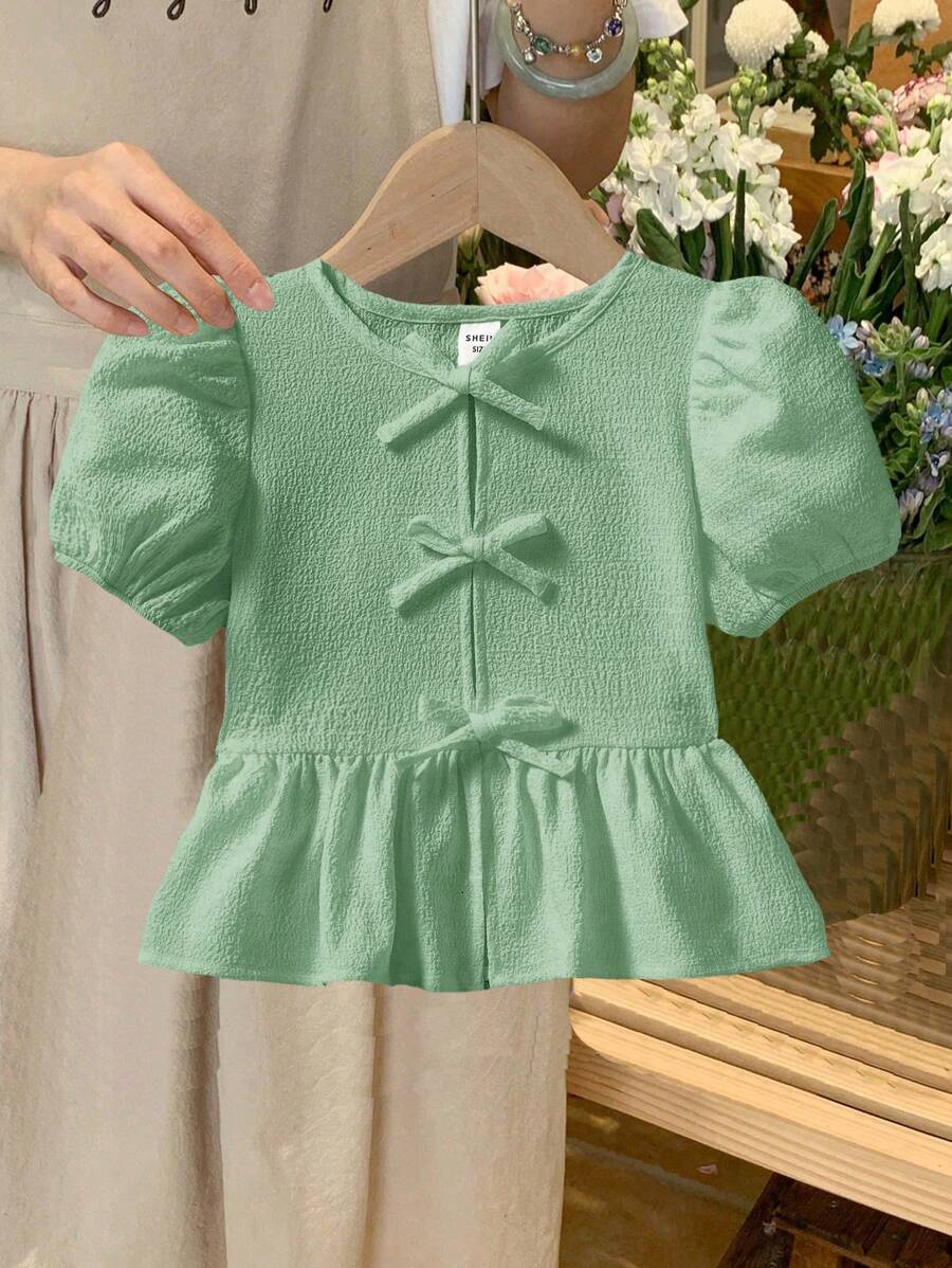 SHEIN Tween Girls Daily Casual Solid Color Woven Crew Neck Short Sleeve Pullover Top - Green - View 1