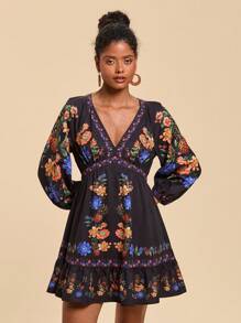 Travachic Floral Printed 3/4 Sleeve Form-Fitting Woven Mini Dresses For Women, , Festival Outfits For Women, Summer Outfits For Women, Vacation Outfits Women, Beachwear, Easter, Beach Outfits For Women, Summer Clothes - Black - View 5