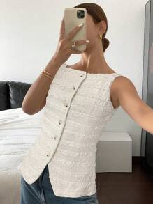 SHEIN Frenchy Women's Burnout Embroidery Frill Trim Button Front Sleeveless Shirt Summer Elegant - Beige - View 4