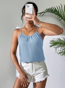 Balvessa Summer Casual Versatile Solid Color Spaghetti Strap Tank Top - Baby Blue - View 7