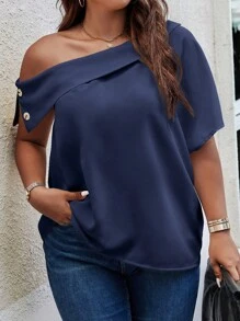 SHEIN Unity Plus Solid Asymmetrical Neck Batwing Sleeve Blouse One Shoulder Top - Navy Blue - View 4