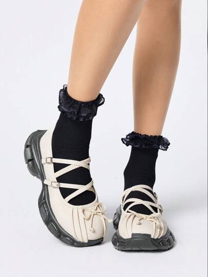 Kawaii Beige Princess Ballet Flats, Platform Loafers, Shallow Lace-Up Bowknot Versatile Vintage College Style Casual Oxfords