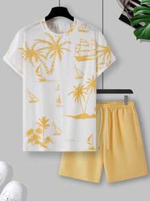 Manfinity RSRT 2pcs Men's Round Neck Short Sleeve T-Shirt And Shorts Set, Fashionable For Summer Summer Vacation Outfits Men Vacation Outfits For Men Beach Vacation Outfits Men Island Vacation Outfits Men Beach Outfit For Men - Multicolor - View 3