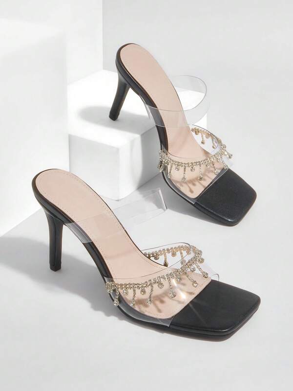 CUCCOO SZL Women's Square Toe Transparent TPU Rhinestone Embellished High Heel Shoes, Glittering For Party And Daily Wear