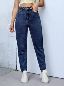 Women Casual All-Match Denim Mom Jeans With Pockets - Dark Wash - View 6