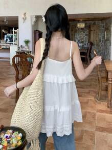 DAZY Débardeur babydoll d'été pour femmes avec couleur unie et dentelle contrastante, idéal pour les vacances - Blanc - Voir 3