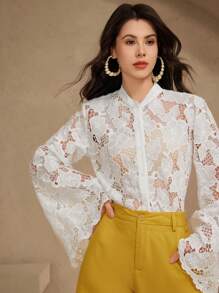 DAZY Women Lace Collar Flare Sleeve Solid Sheer Button Front Blouse,Fall Women Clothes Long Sleeve Top - Beige - View 4