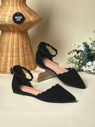 SHUZIA Wide Fit Women Sculpted Scallop Almond-Toe & Adjustable Anklet Black Nub Ballet Flats |Comfort Flats For Work To Weekend For Christmas