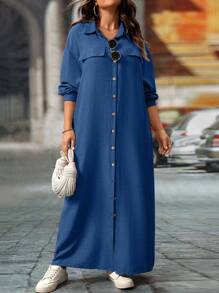 Linhara Plus Size Women's Solid Color Drop Shoulder Loose Casual Shirt Dress, Spring/Fall Maxi Women Outfit - Blue - View 6