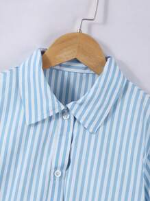 SHEIN Explorewe Mädchen Gestreiftes Hemdkleid mit ausgestellten Ärmeln, Frühjahr - Blau - Übersicht 4