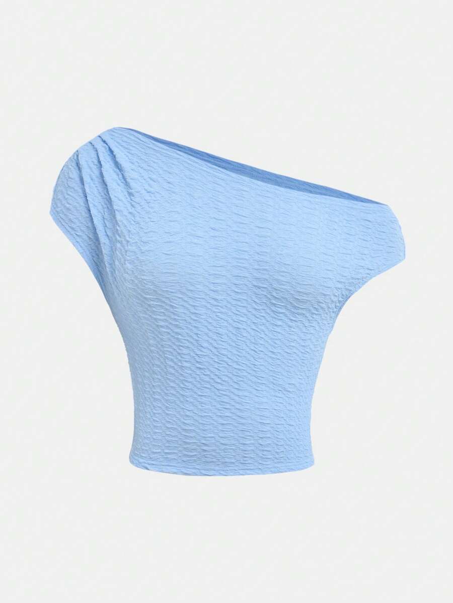 Girlism Teen Girls Solid Color Blue Knitted Texture Oblique Shoulder Short Sleeve Top T-Shirt, Vacation Style, Bowknot, For Spring & Summer, Valentine's Day, New Year, Elegant, Red/Vintage, Beach, Vacation, Music Festival, Bohemian, Holiday, Afternoon Tea