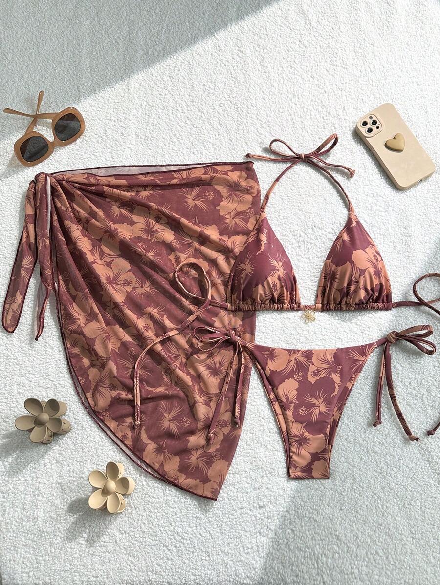 Swim Mod Set di 3 pezzi da donna per l'estate: abito da spiaggia con stampa floreale e collo a canottiera, set di bikini retrò con laccetti, ideale per le vacanze - Multicolore - Visualizzare 1