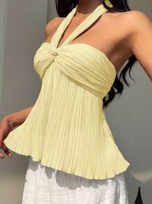 SHEIN EZwear 女士优雅黄色扭纹设计露背吊带背心，适合夏季穿着 - 黃色 - 查看 8