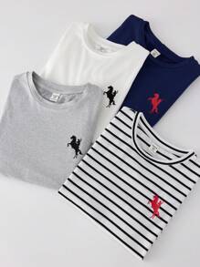 SHEIN Leap Crew 4pcs Kids/Tween Boys Casual Streetwear Comfortable Printed & Striped Loose Fit Short Sleeve Knit T-Shirt Set, Versatile For School, Commute, Daily, Travel, Sports, Spring/Summer - Multicolor - View 7