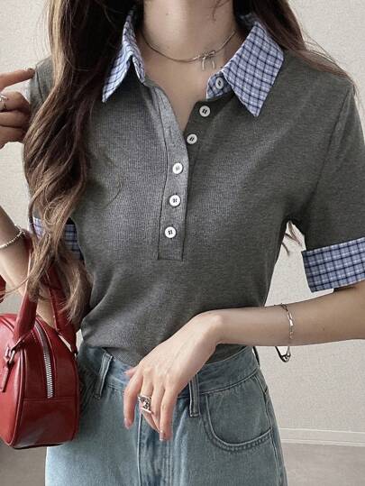 FRIFUL 女式二合一拼色格子拼接 Polo 领休闲 T 恤，夏季可爱上衣学院风上衣