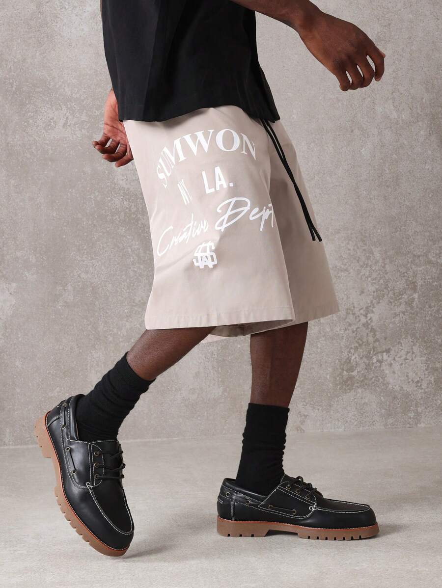 SUMWON North La Creative Department Athletic Shorts Casual Summer Streetwear Relaxed Fit Basketball Training Workout Shorts With Text Print Design - Khaki - View 1