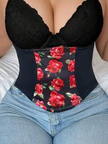 Satin Corset Waist Shaper, Flattering Silhouette, Rose Flower Print, Plus Size Waist Cincher - Black - View 1