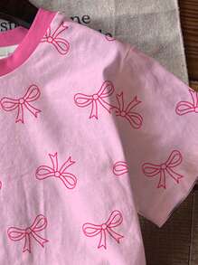 SHEIN Leap Crew Áo thun tay ngắn cổ tròn in hình nơ hồng dễ thương cho bé gái, đơn giản, phù hợp cho mùa hè - Nhiều màu - Xem 5