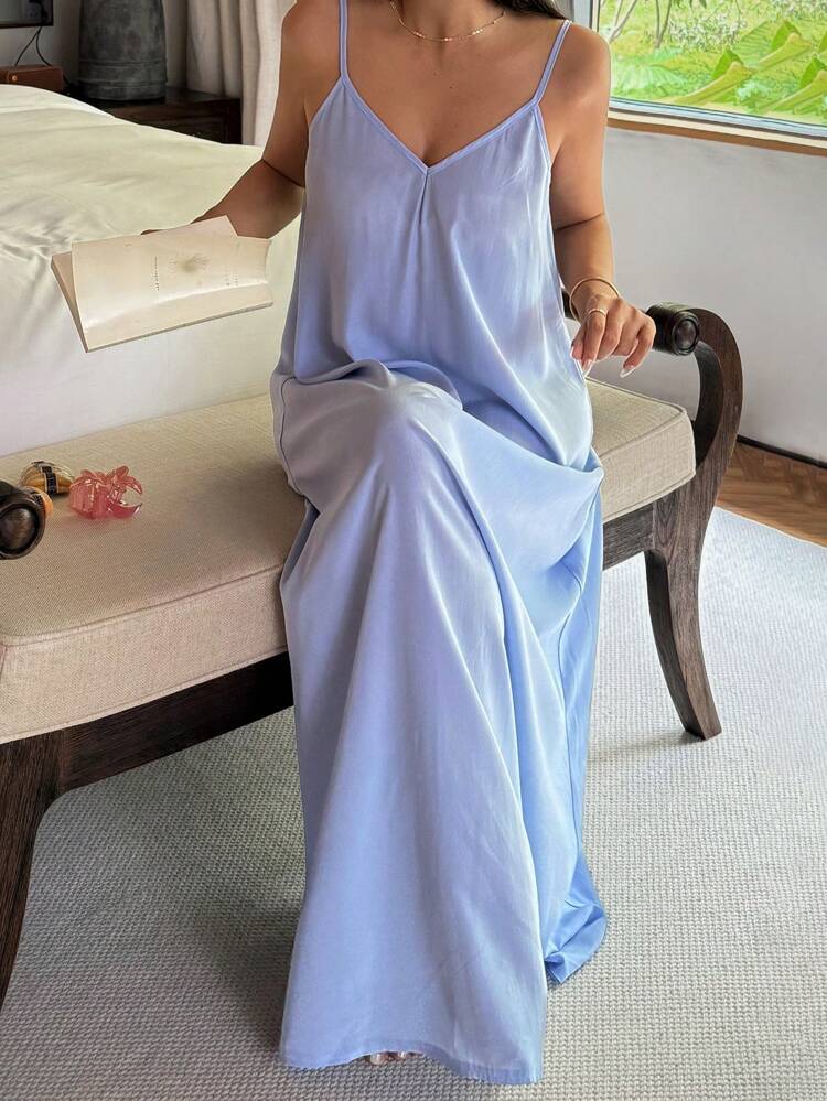 Plus Size Women's Style Solid Color Loose Plunge Backless Long Slip Dress Pajama