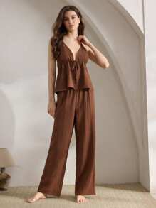 Ocili Ocili Leisure Women's Sexy Solid Color Backless Halter Neck Top And Pants Pajama Set, Summer