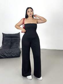 POPSWAY Women Plus Size Casual Solid Color Jumpsuit - Black - View 4