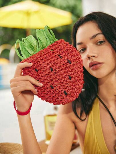 SHECARRY Bolsa de paja, bolso de verano, bolso de playa, bolso de vacaciones, bolso original con diseño de fresa en multicolor